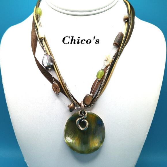 Chico's Beaded Necklace, Gemstones Shell, 6 Strands, Iridescent Metal, 19 Inches - Picture 1 of 10